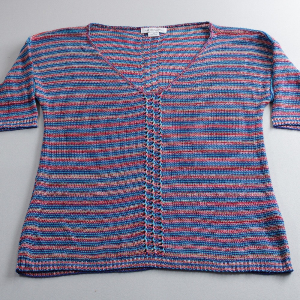 Liz Claiborne Vintage Striped Knit V-Neck Top Short Sleeve Blue Pink USA Made M